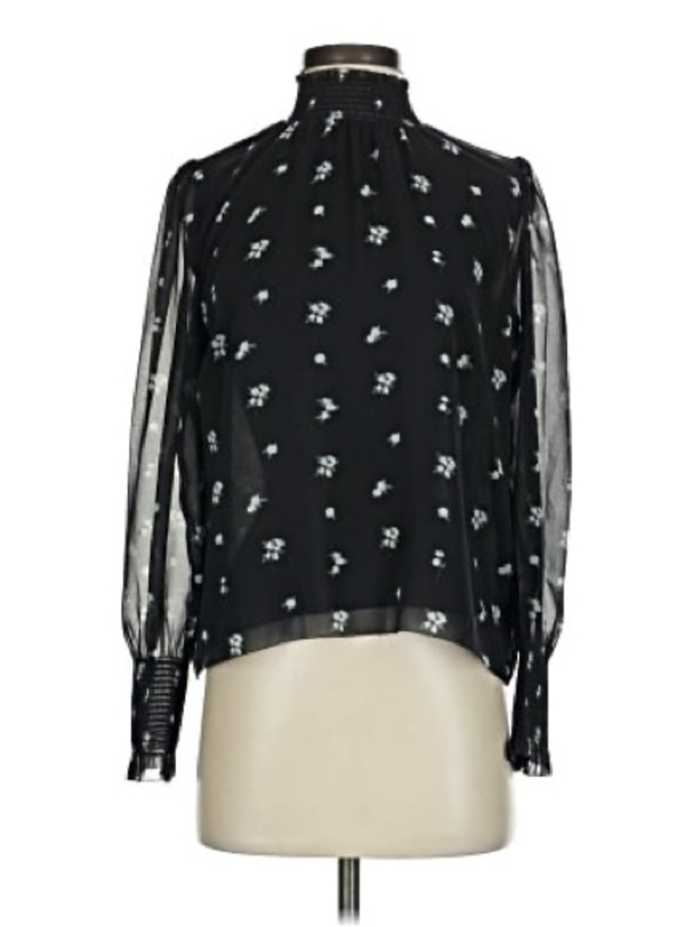 Wilfred Black Sheer Floral Smocked-Neck Blouse